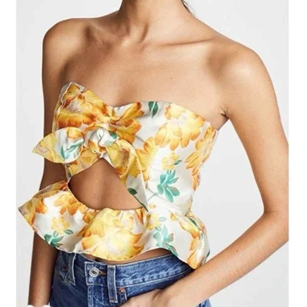 Women szL NWT Endless Rose Yellow Floral Brocade Strapless Peplum Bow Cutout Top